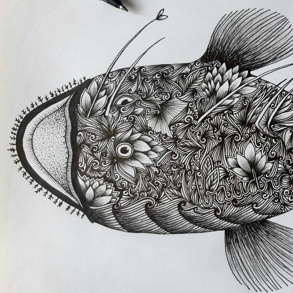 dessins noir et blanc poissons volutes alcyone